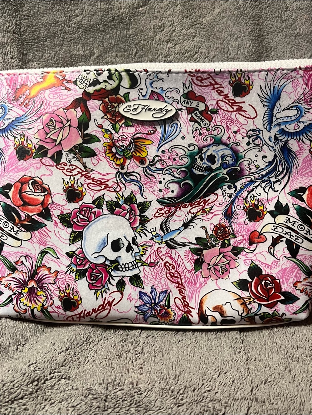 Ed Hardy Pink Tattoo-Print Wristlet with Skulls & Roses